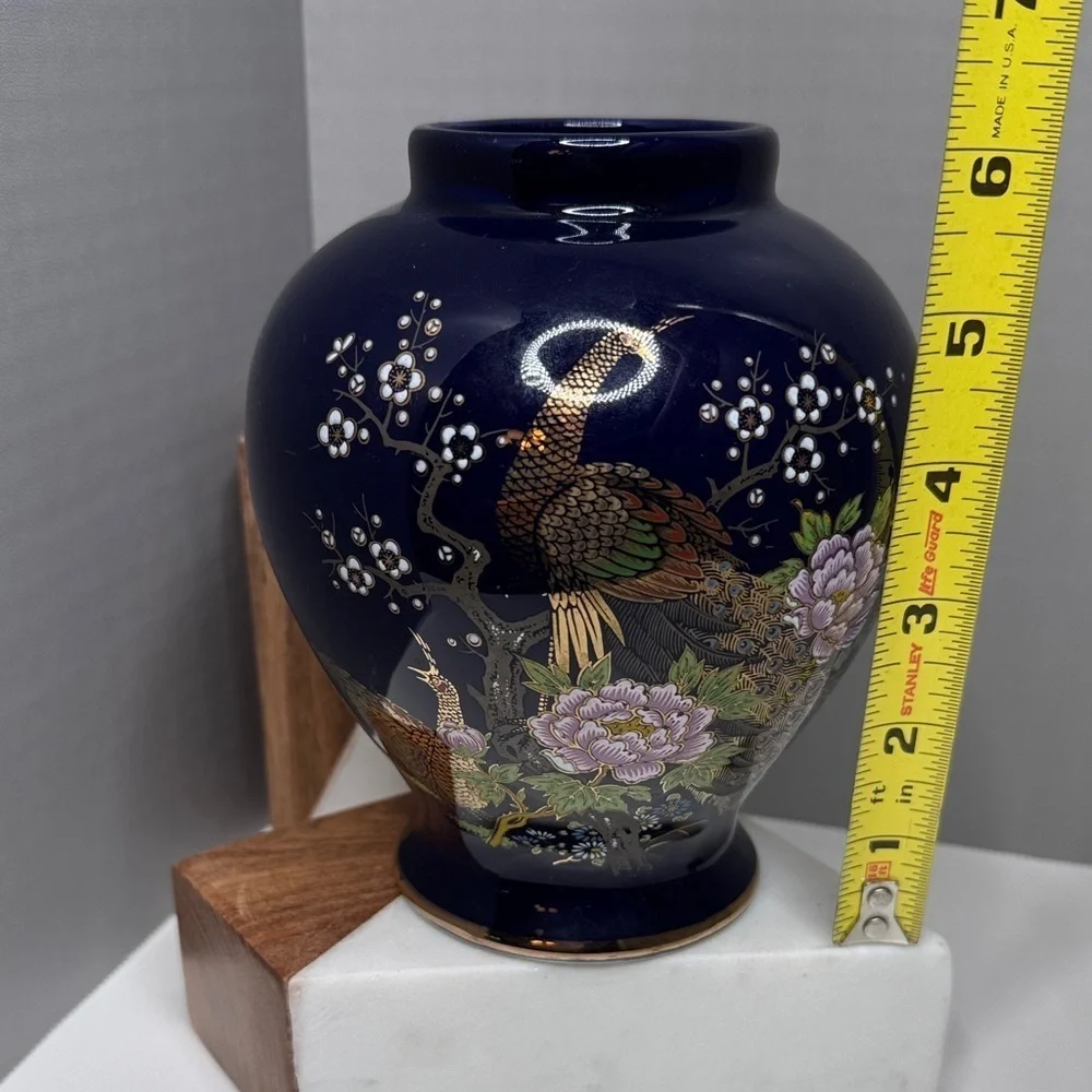 Vintage Asian Cobalt Blue Peacock Vase Jar Cherry Blossoms Gold Accents